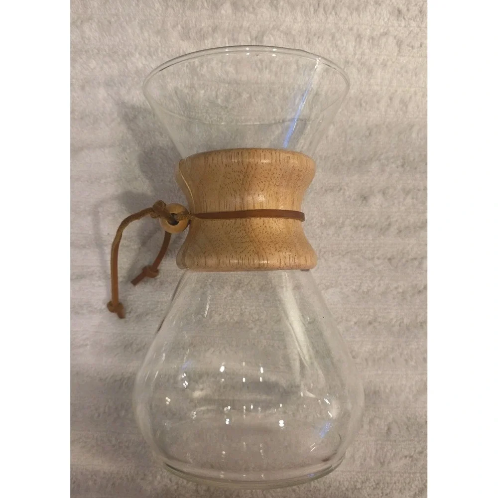 Vtg MCM Chemex Pyrex Glass Pour Over Coffee Maker /Wooden Collar, Filters, 9 in